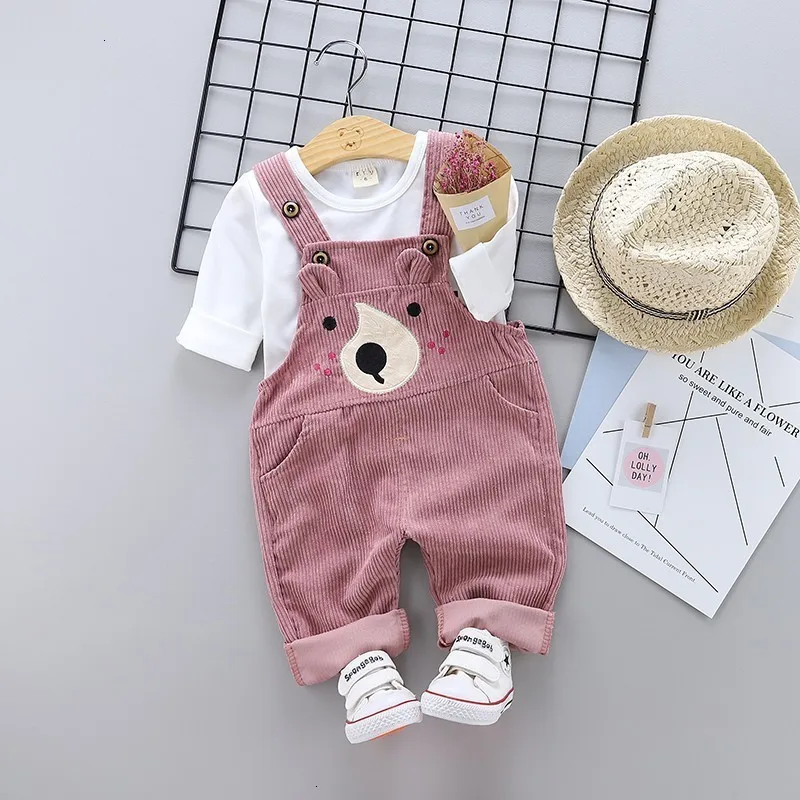 Pink Новинка весны для мальчиков костюм для девочек Футболка для малышей Носки с рисунком медведя из мультика вельветовые штаны на бретельках 2 шт./компл. детская одежда тренировочный костюм для маленьких мальчиков 40 - Цвет: Pink