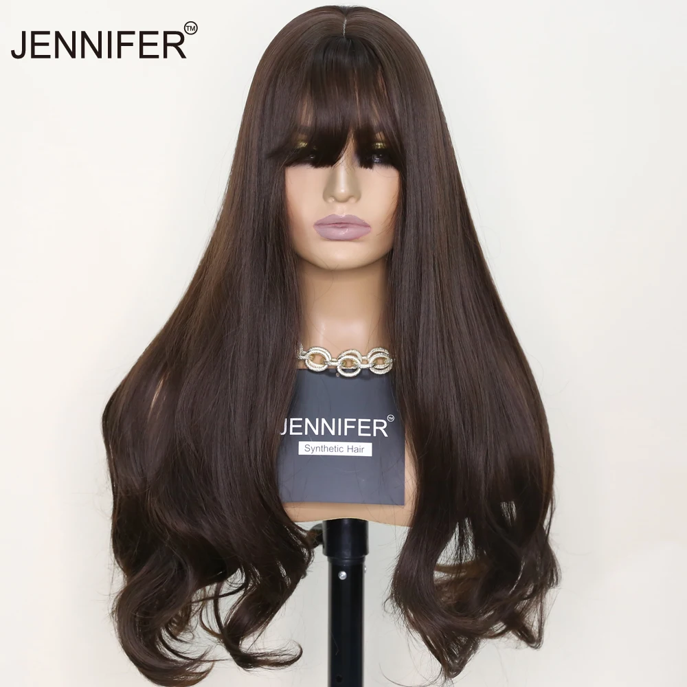 

Synthetic Long curly Wig Chocolate/Aoki Peach Mist Blue/Brown Black 3 Color with bangs Wigs For Women Heat Resistant Fiber