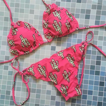 

YICN Women Bikini Set 2020 Bandage Push-up Swimwear Girls Padded Bra Swimsuit Bathing Suit Cactus Print Biquini Beachwear Swim