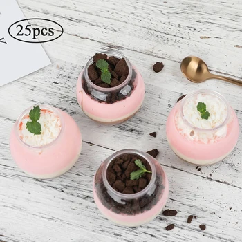 

25PCS Round Mousse Cups Plastic Dessert Cups With Lids Tumblers Disposable Yogurt Jelly Tumblers Container Bowls Party Wedding