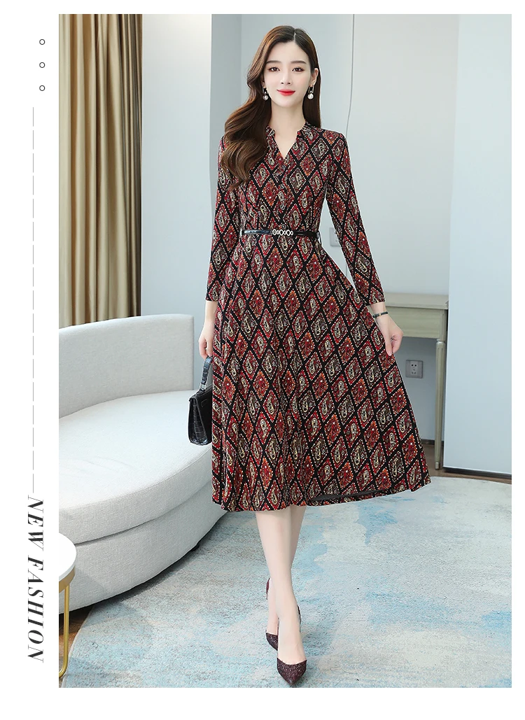 Plus Size Autumn Winter Long Sleeve Dresses 2020 Vintage Print Boho Casual Midi Dress Elegant Women Bodycon Party Maxi Vestidos