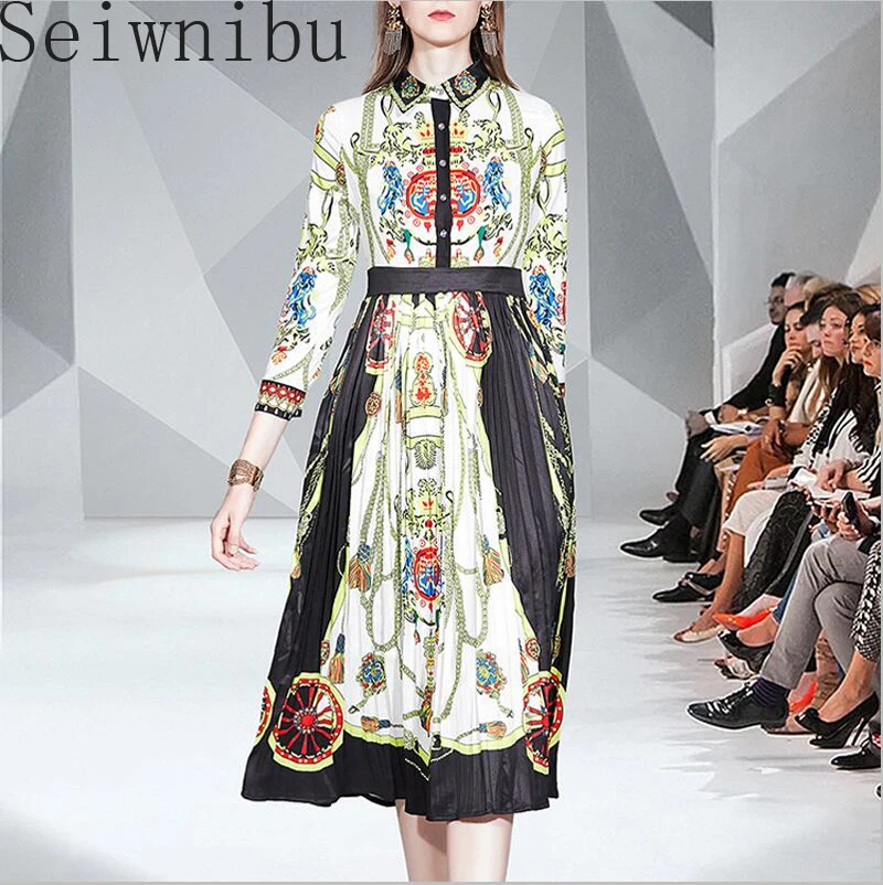 Подиумное дизайнерское платье, весна-лето, vestidos, плиссированное, рукав 3/4, элегантные, вечерние, на колесах, с цепью, для офиса, для девушек, платье-рубашка