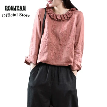 

Womens Cotton Linen Tops T Shirt Tees Ruffles Neck Loose Big Retro Vintage Fashion Casual for Spring Summer AZ19331334