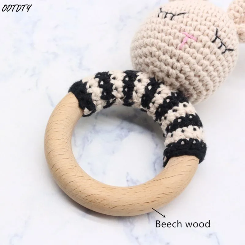 BPA Free Crochet Wooden Ring Baby Teether Safe Cute Animal Rattle Chewing Teething Nursing Soother Molar Infant Toy Accessories 6