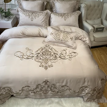 

New Champagne Pink Luxury Royal Embroidery European Palace 100S Tencel Silk Bedding Set Duvet Cover Bed sheet/Linen Pillowcases