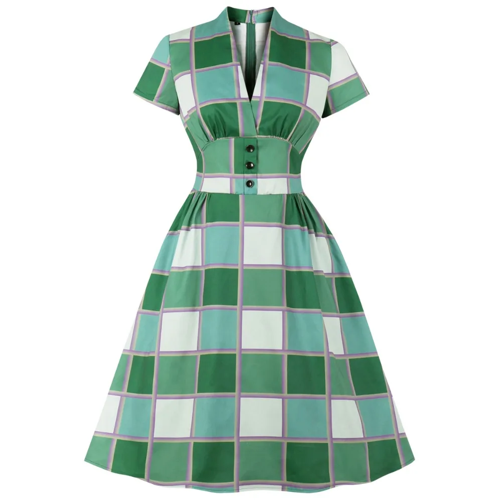 Женское зеленое винтажное платье в клетку размера плюс 4XL, женская одежда, Повседневные Вечерние платья в стиле рокабилли 1950 s, Vestdios