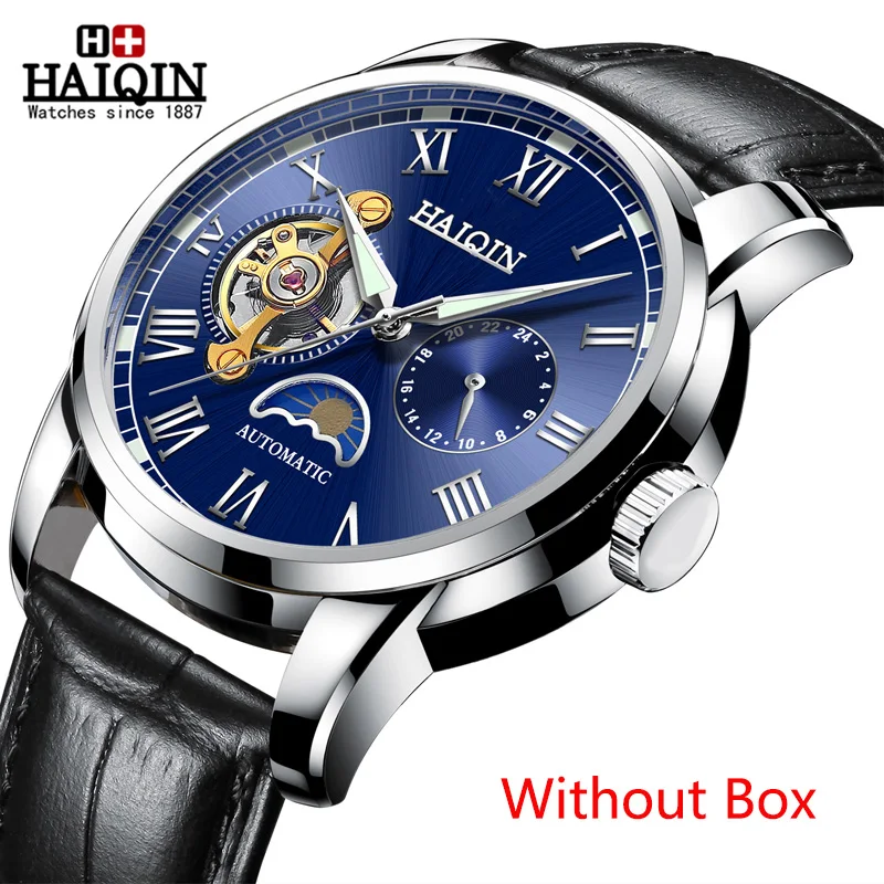 HAIQIN водонепроницаемые мужские часы с скелетом из нержавеющей стали, роскошные брендовые прозрачные механические Спортивные мужские наручные часы - Цвет: Silver Blue No Box