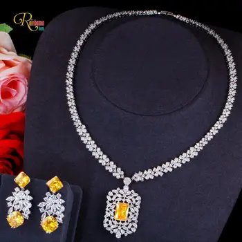 

Rainbamabom 925 Solid Sterling Silver Citrine Ruby Sapphire Created Moissanite Earrings/Necklace Wedding Luxury Jewelry Set