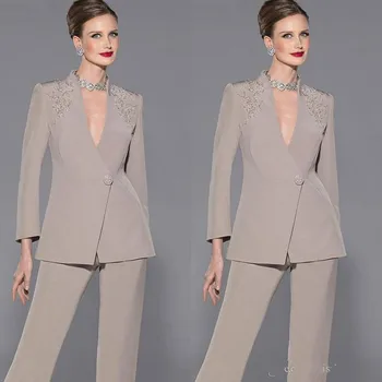 

Two-Piece Mother Of Bride Pant Suits Deep V Neck Wedding Mother's Groom Dress Long Sleeves Wedding Guest Dress