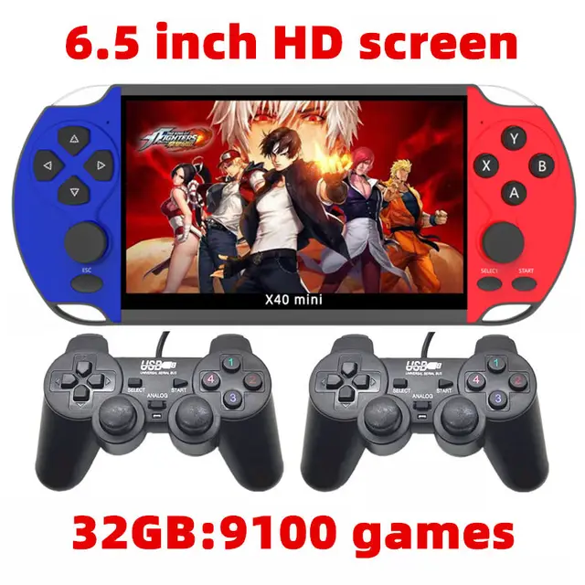 CZT 6.5-inch Colorful wireless double player game console built-in 9100 games  arcade/neogeo/gbc/snes/fc/md multi-emulator mp4 6.5 bluered32GB