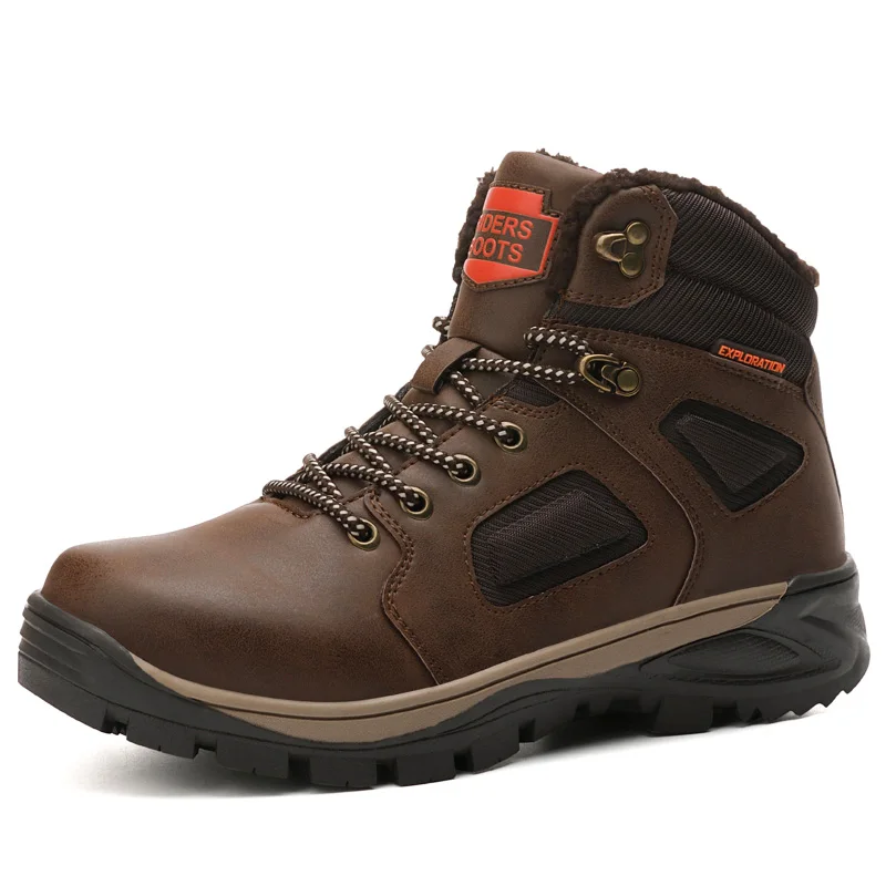 brown Winter Boots Men High Top Leather Casual Warm High Quality With Fur Plush Ankle Men Winter Shoes - Цвет: brown