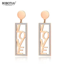BOBOTUU Classic Stainless Steel Love Forever Clear CZ Crystal Stud Earrings For Women Girl Rose Gold Engagement Jewelry BE19082