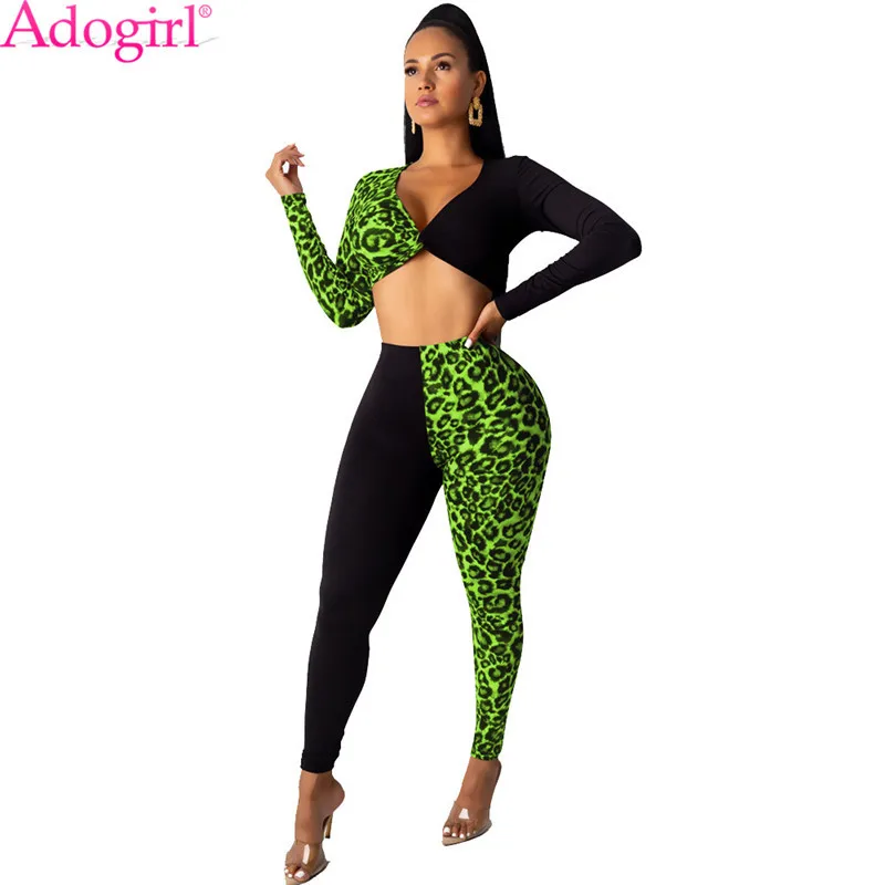 

Adogirl Leopard Print Patchwork Women Two Piece Set V Neck Long Sleeve Crop Top Pencil Pants Sexy Night Club Suit Tracksuit