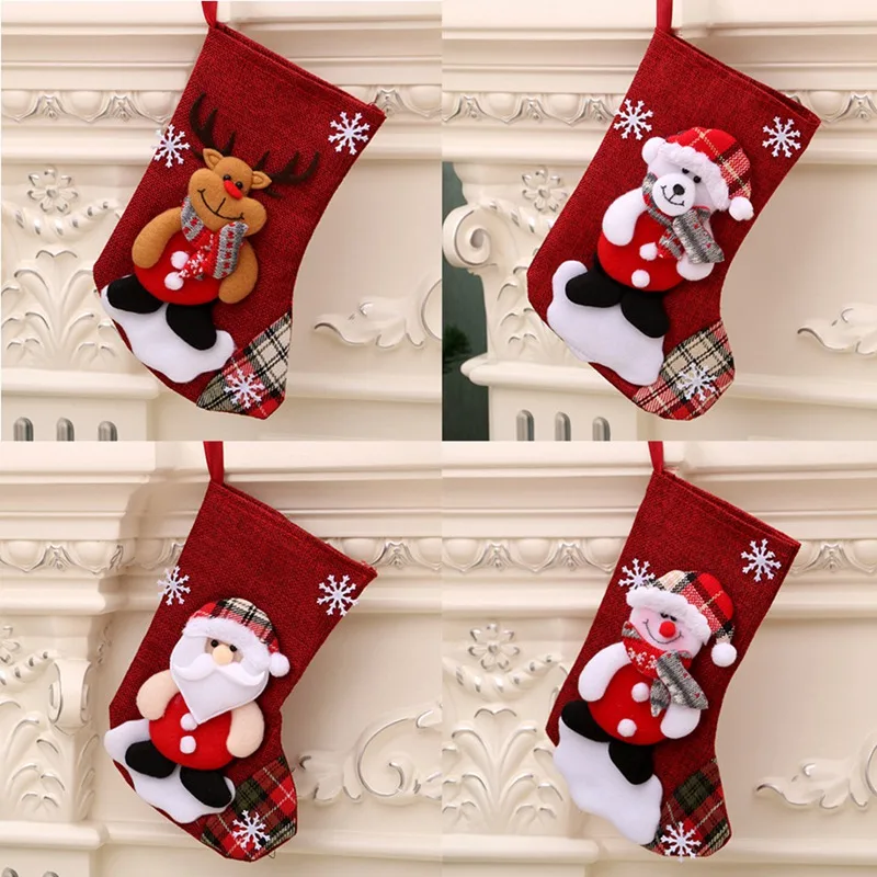 Льняные рождественские чулки Санта Клаус Снеговик носки сладкий подарок в сумочке держатели Рождественская елка орнамент рождественские украшения для дома