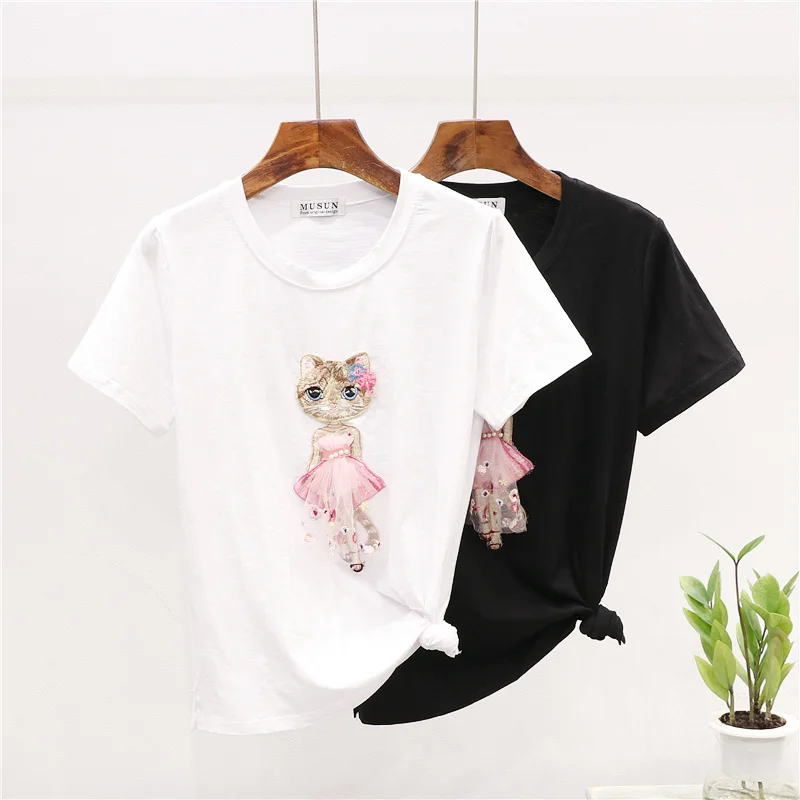 

2020 Summer New Fashion Beading Cat Print Cotton T-shirt Women Black White Tops Casual Loose Short sleeve O-Neck Tee Shirt Femme