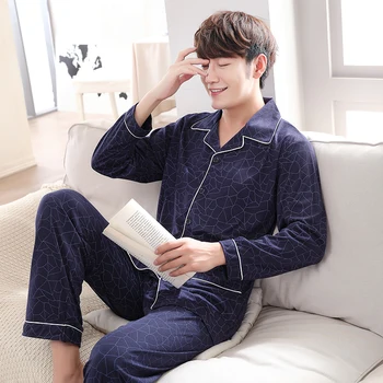 

Men Sleepwear Long Sleeve Pants Cotton Simple Print Pajamas Lapel Cardigan Solid Color Casual Homewear with Pocket Pajama Set