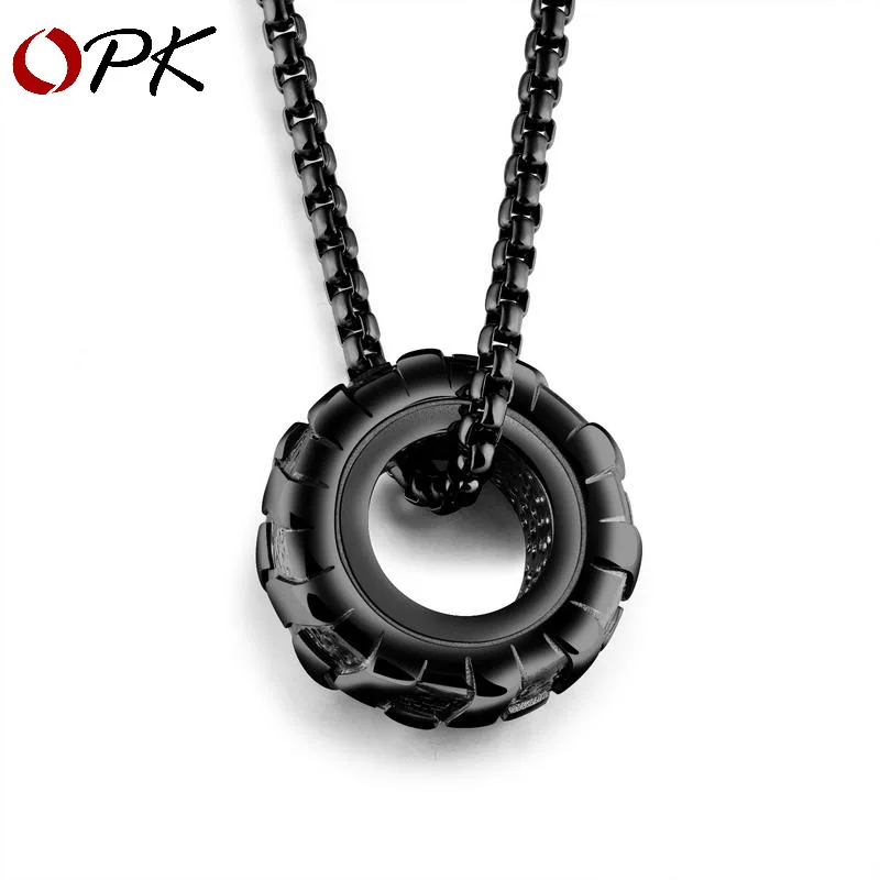 OPK European and American tide men's necklace personality classic tire wheel man Titanium Steel Pendant Square pearl chain - Окраска металла: С черным покрытием, нанесенным краскопультом