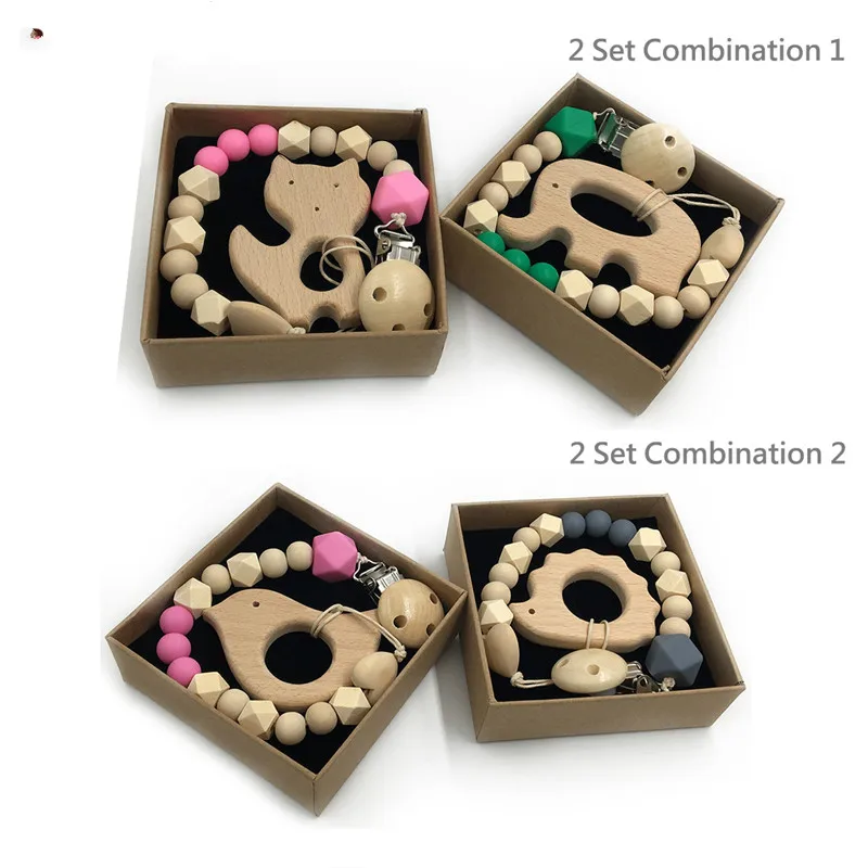 

2pc Wooden Animal Baby Teether Organic Teether Natural Teething Grasping Toy Silicone Bead Toddler Teether Newborn DIY Baby Gift