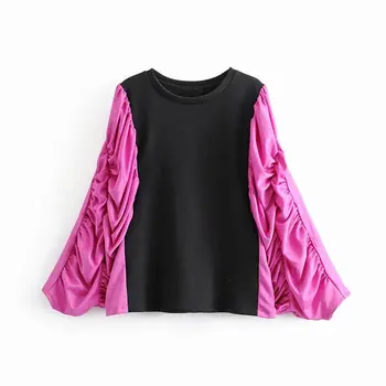 

Hoodies Autumn Spring Women Sweatershirt Casual Loose Lantern Sleeve Splicing O-neck Pull Fashion Tops Office Femme Ladies