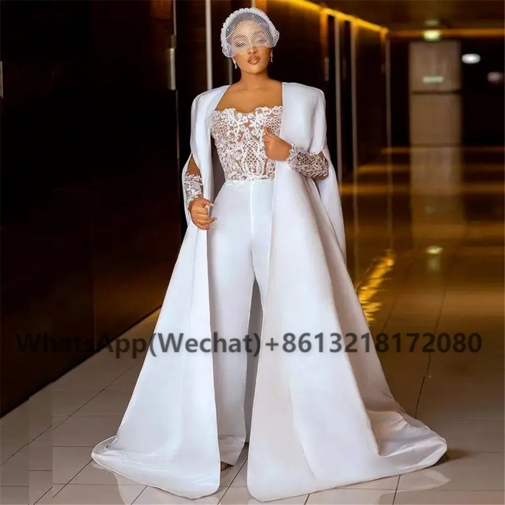 long sleeve wedding dresses 2021 White Jumpsuit Wedding Dresses with Shawl A-Line Bridal Gowns Long Sleeves Floor Length Hard Satin Boho vestido de traditional wedding dresses