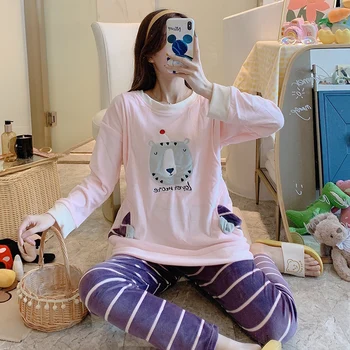 

Spring Autumn Maternity Cotton Long Sleeve Nursing Pajama Pregnant Women Homewear Sets Breast-feeding Underwear Suits