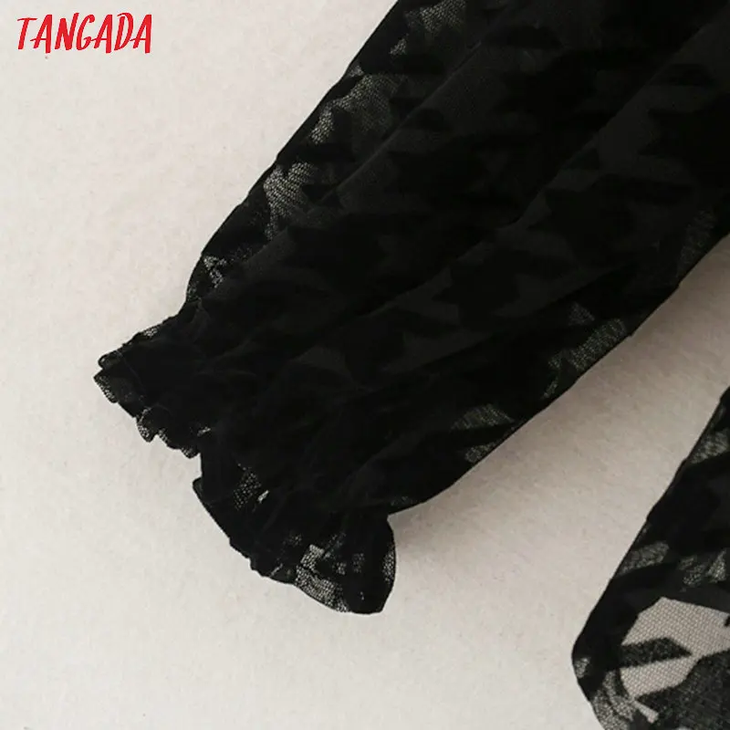Tangada, Женская шикарная черная Флокированная блузка, галстук-бабочка, v-образный вырез, длинный рукав, женские прозрачные майки, Стильные топы, blusas 2W96