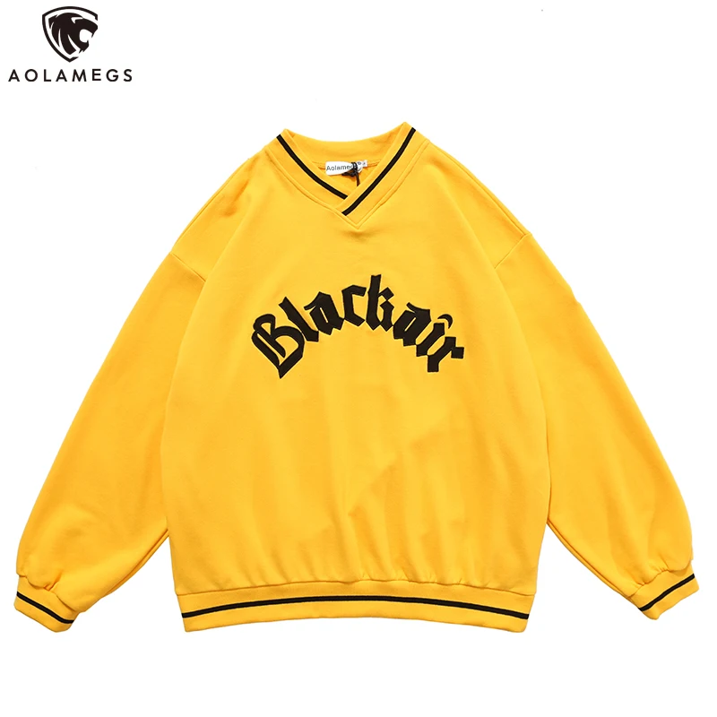 Aolamegs Men V-Neck Letter Patch Baseball Sweatshirt Pullover Retro High Street Casual Baggy All-match Basic Hoodies Streetwear Aolamegs Men V-Neck Letter Patch Baseball Sweatshirt Pullover Retro High Street Casual Baggy All-match Basic Hoodies Streetwear