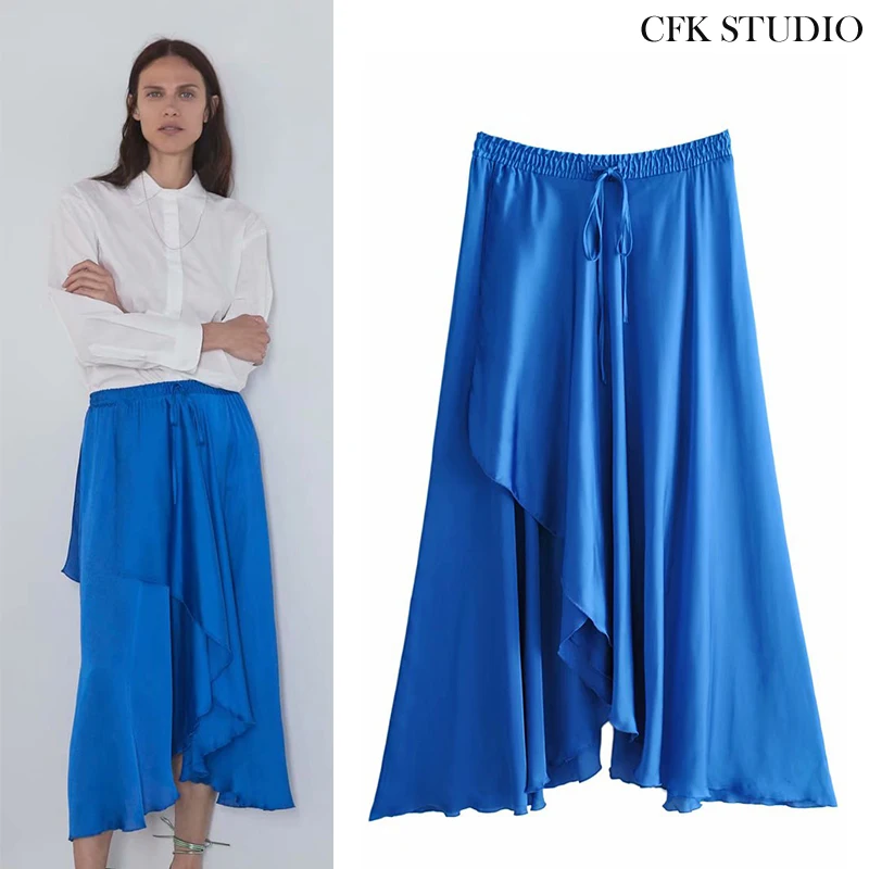 Midiskirt женский с завышенной талией однотонный Шелковый Новинка лета 2020 голубой