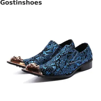 

Men Loafers Blue Genuine Leather Printed Nubuck Leather Shoes Golden Metal Capped Toe Slip-on Men Shoes For Party Wedding Office
