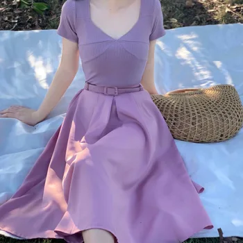 

2020 Elegant Two Piece Skirt Set Female V Neck Knitted Tops+Belted Big Hem Pleated Skirt Vintage Summer Outfits For Women