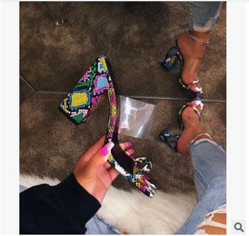 

Sandals /slippers female 2019 new women European simple double open high heel hollow open toe casual square head lazy slippers