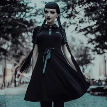 Готическое темное эстетическое элегантное однотонное лоскутное платье для женщин готическое платье с бантом на завязках Плиссированное черное платье с заклепками