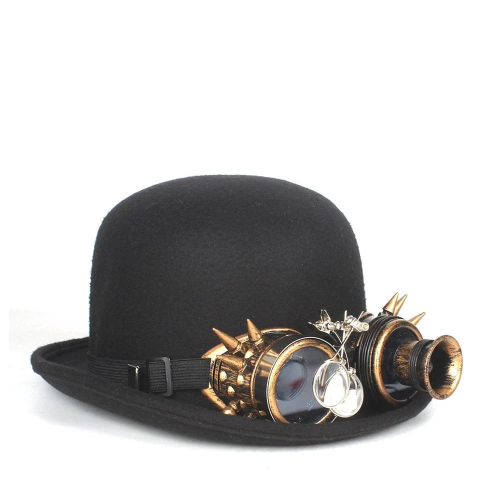 Шерстяная черная шляпа-котелок в стиле стимпанк, женская мужская фетровая шляпа, шляпа в стиле стимпанк с зубчатыми очками, верхняя шляпа, шляпа-федора, волшебник, шляпа для жениха