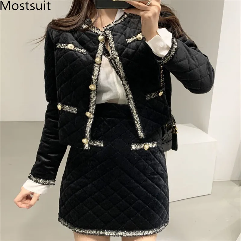 Chic Vintage Ladies Thicken 2 Piece Skirt Suits Women Diamond Pattern Coat Jacket+ A-line Skirt Suits Fashion Elegant 2 Pcs Set