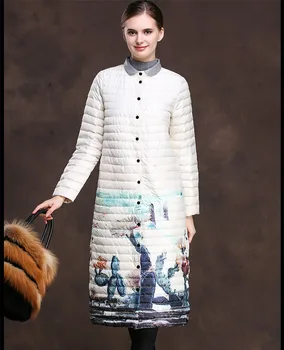 

White Womens Duck Warm Down Jacket Women Long Parkas Leather Collar Winter Coat Female Print Jackets Abrigo Mujer WXF425