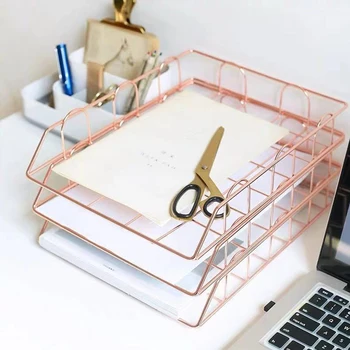 

Metal Storage Basket Office Desktop Organizer Stackable Basket for A4 Paper Magazine Newspaper Book Rose Gold Iron Baskets