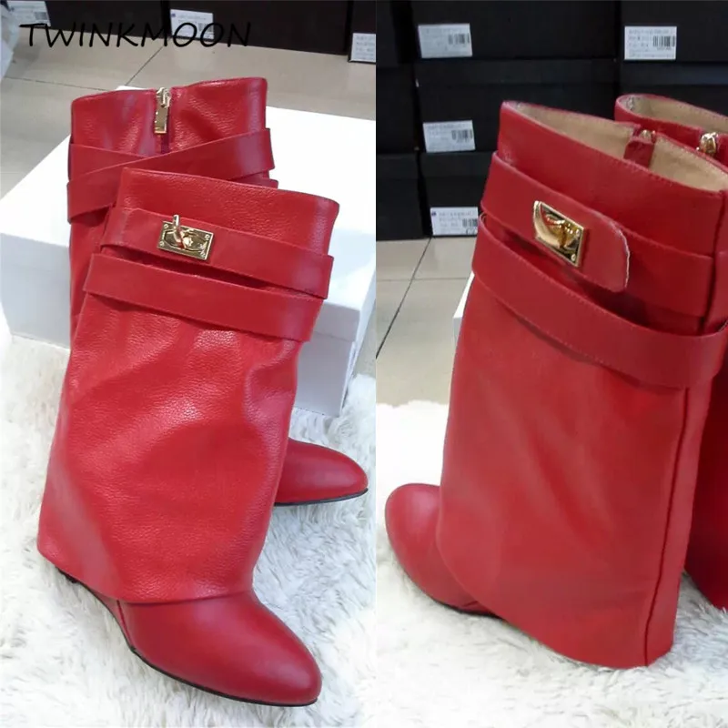 Genuine Leather Shark Lock Ankle Boots Suede Women's Boots Designer Runway Shoes Bootee Woman 2019