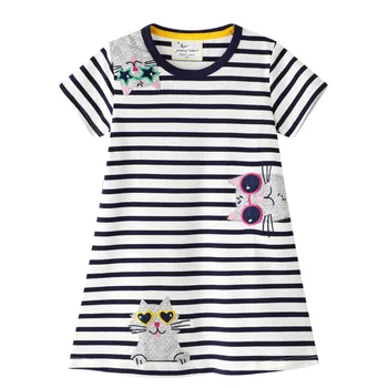 

Jumping Meters 2-7T Cotton Animals Girls Dresses Summer Applique Baby Clothes Hot Selling Striped Tunic Costume Kids Dress