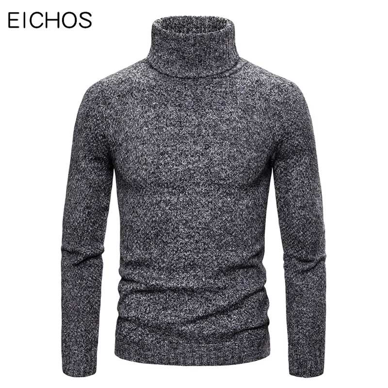 Baratos Suéter de invierno para Hombre jerseys de cuello alto de Color sólido Jersey de punto Casual cálido 2019 nueva marca Jersey grueso y cálido Hombre EICHOS
