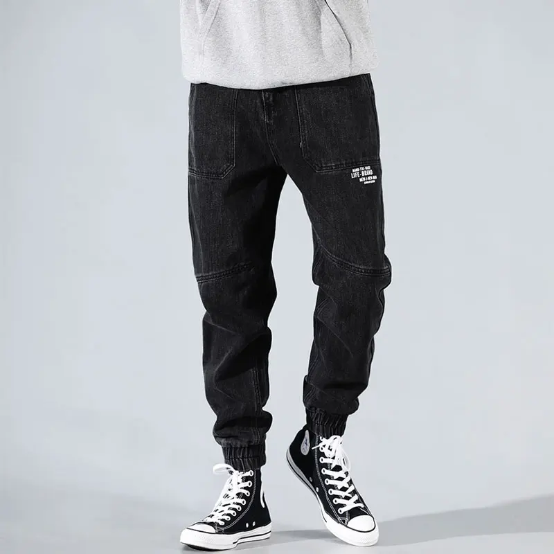 Deals Fashion Streetwear Men Jeans Loose Fit Black Color Spliced Designer Cargo Pants Hombre Harem Trousers Hip Hop Jeans Men Joggers