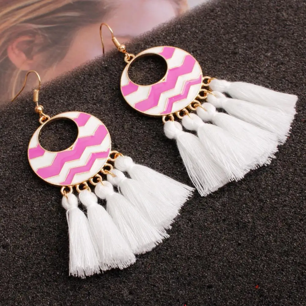Новая Мода Boho кисточкой винтажные эффектные Висячие серьги для женщин черный красный желтый большие висячие бахромы сережки ювелирные изделия подарок