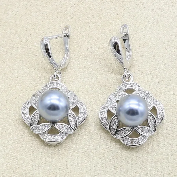 Earrings Серый жемчуг 925 серебряные свадебные украшения набор для Для женщин серьга, ожерелье, подвеска кольцо подарок на день рождения - Окраска металла: Earrings