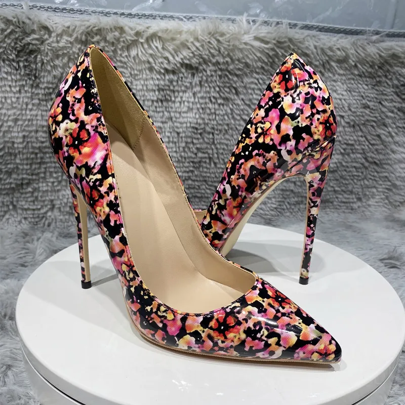12cm heel Purple Flower Print Women Glossy Patent Pointy High Heel Shoes  Chic Floral Stiletto Pumps