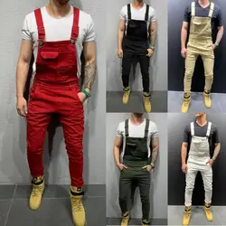 High Street Pockets Jeans Men Fashion Slim Fit Denim Jumpsuits Modish Strap Overalls Casual Suspender Distressed Pant