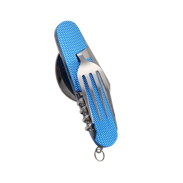Hot sale knife and fork combination portable 6 in 1 stainless steel folding cutlery set for outdoor camping picnic travel Blue