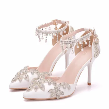 

Women Sweet Tassled Crystal Pearl Sandals Womens Thin Heeled Pointed Wedding Shoes Ladies White High Heels Diamond Pumps 41 42