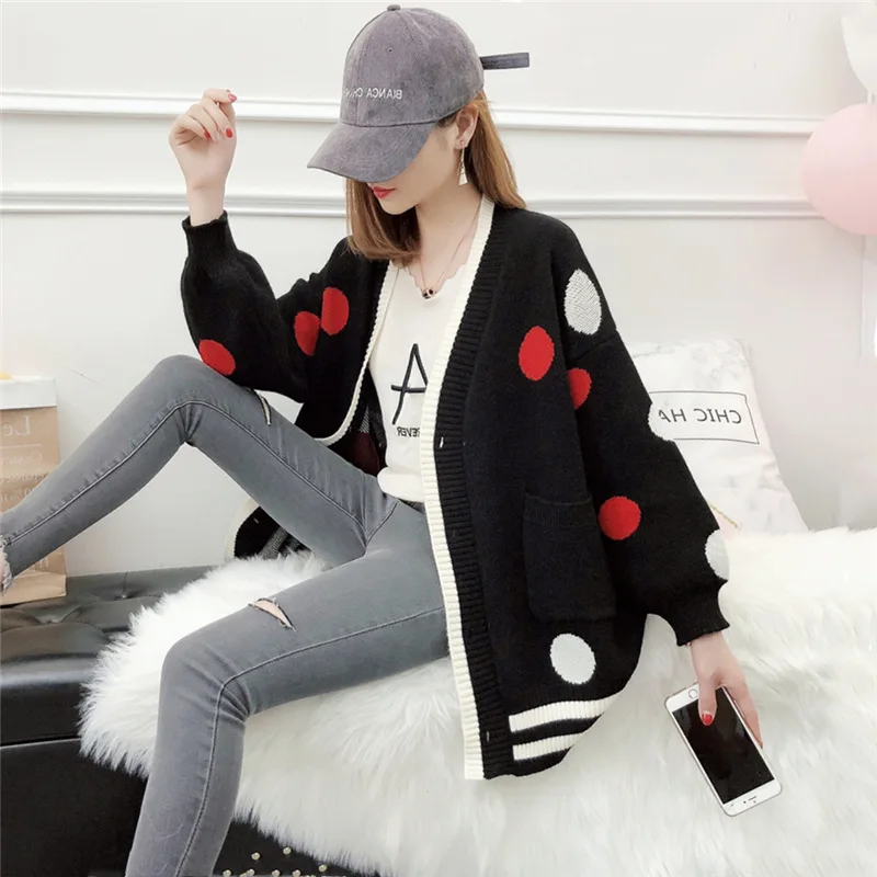 Best Price Dot Knitted Coat Women Cardigan Female Autumn Winter Korea Thickened Ladies Sweaters V-neck Long Sleeve Knit Sweater