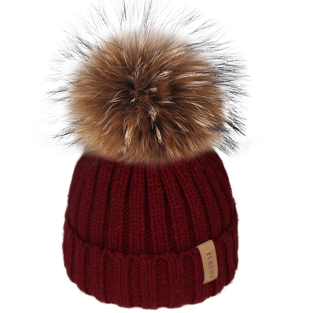 FURTALK/детская зимняя шапка шапочка для девочек из меха енота, вязаная шапка с помпоном для мальчиков, skullies beanies, зимняя шапка для детей 2-10 лет - Цвет: Бургундия