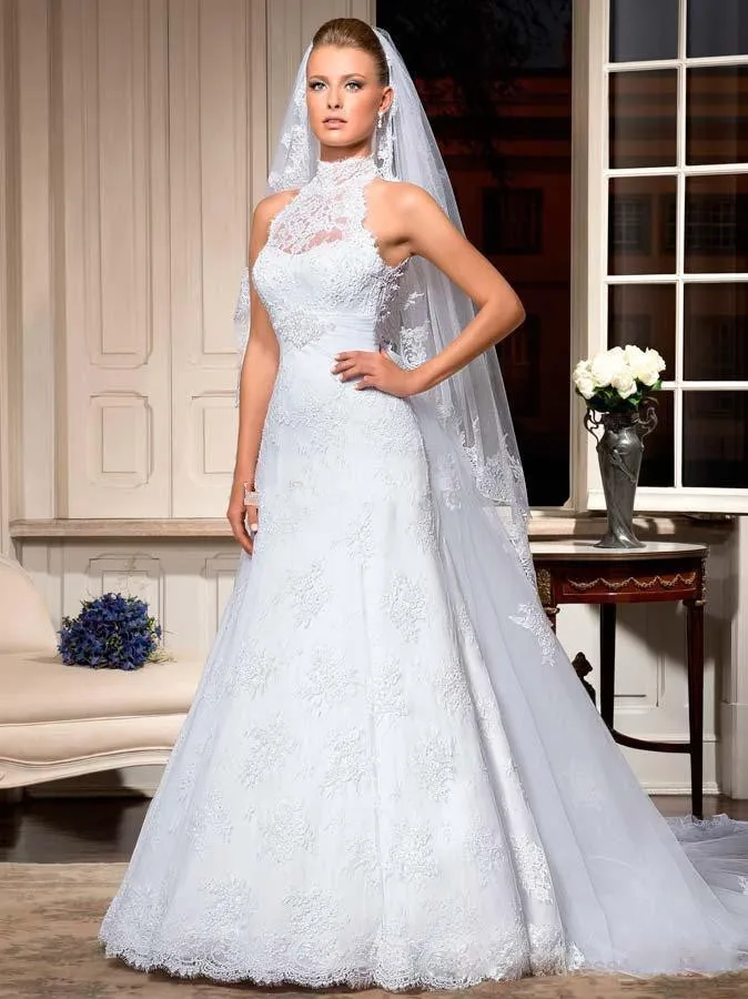 

Custom 2018 A-line High Neck Lace Beading Sexy Married Bride vestido de noiva renda Free Shipping mother of the bride dresses