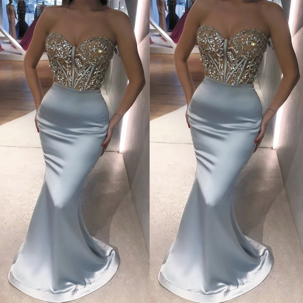

SuperKimJo Vestidos Mermaid Evening Dresses Long 2020 Beaded Satin Blue Elegant Evening Gowns Abiti Da Cerimonia Da Sera